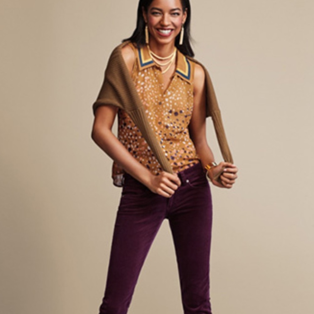 CAbi Mustard Sleeveless Button Front Blouse with Navy Trim - Picture 11 of 11
